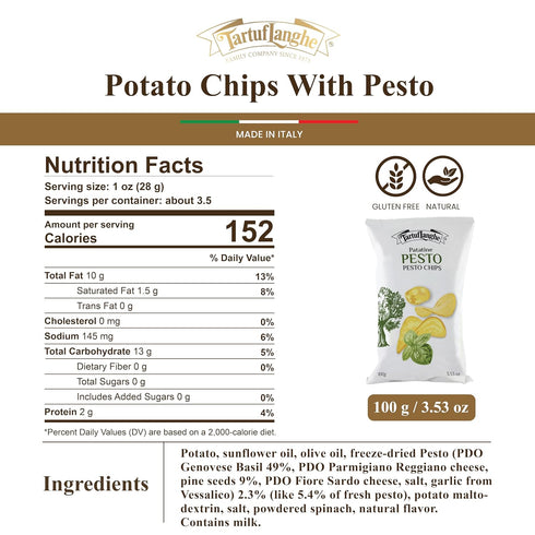 3.53 oz (Pack 1) TartufLanghe Pesto Flavored Potato Chips, Made with Freeze-Dried Genovese Ingredients, Authentic