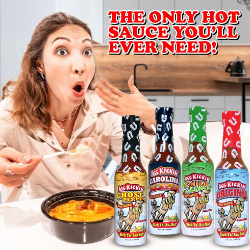 Set 4 Pack 4-5 oz ASS KICKIN' Hot Sauce Gift - - Premium Gourmet Hot Sauce for Chicken Wings and Breakfast