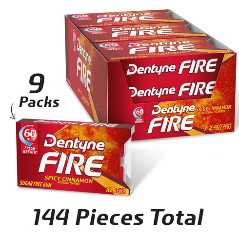 Dentyne Fire Spicy Cinnamon Chewing Gum - Sugar-Free, Pack of 9 (144 Total Pieces)