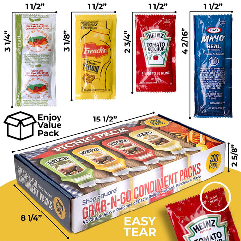 Packs 50 (200 Packets Grab-n-Go Condiment - Single Serve Pouches of Each: Ketchup, Mustard, Relish, and Mayo - Great