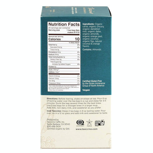 Teeccino Dandelion Coconut Tea, Caffeine Free Herbal Tea with Prebiotics, 25 Tea Bags