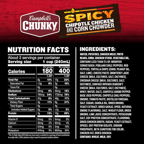18.8 oz Campbells Chunky Soup, Chipotle Chicken Corn Chowder Soup, Can