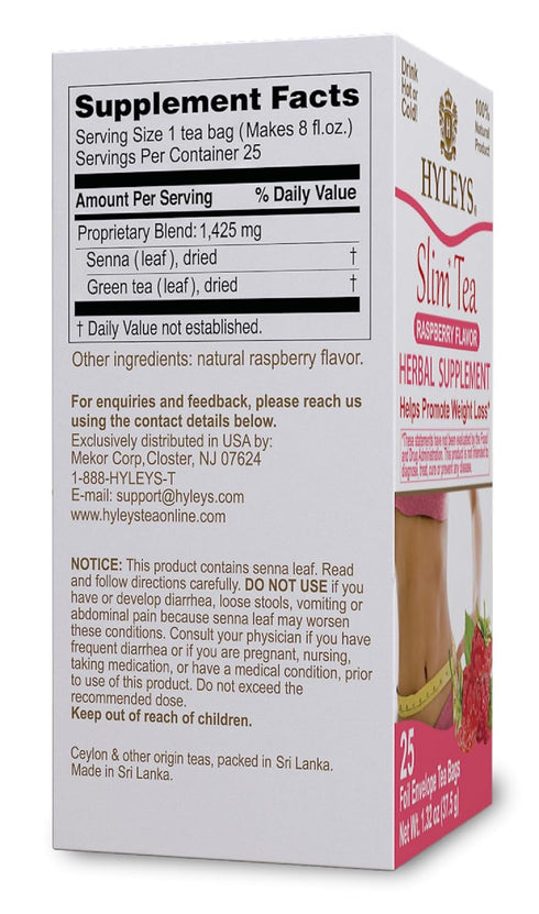 Hyleys Slim Tea Raspberry Flavor - Weight Loss Herbal Supplement Cleanse and Detox - 25 Tea Bags