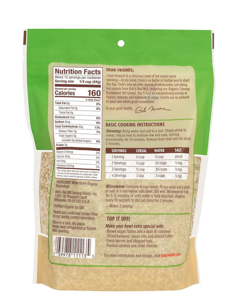 18oz (Pack 4) Bob's Red Mill Organic Gluten Free Creamy Buckwheat Hot Cereal, of - Non GMO, Whole Grain, Vegan, Kosher