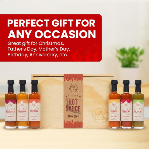 Set (6 Pack) Pack Set (Set 6) Hot Sauce Gift - Hot Sauce Variety in Premium Wooden Box - Great Gift for Birthday