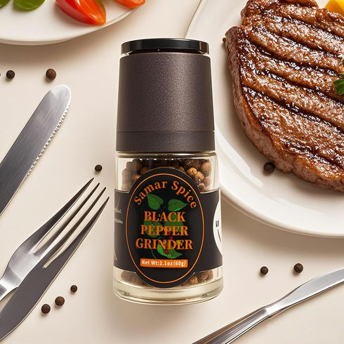 Samar Spice 2.1oz(60g) All-Natural Whole Black Peppercorns with Adjustable Grinder | Premium Refill | Chef-Selected