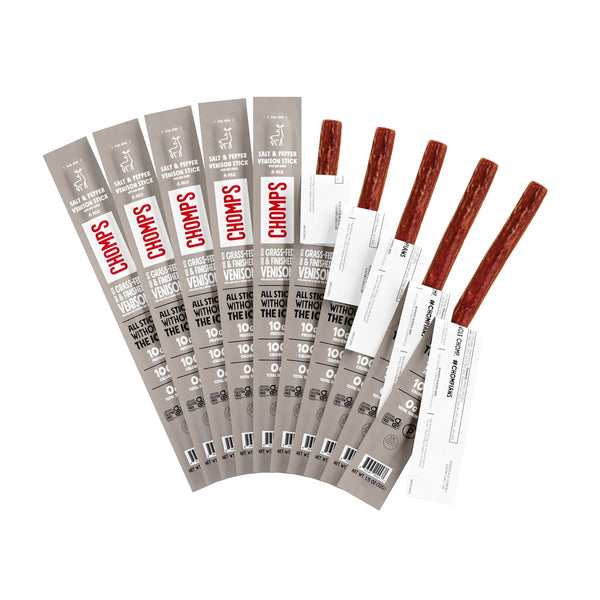 Chomps Grass-Fed & Finished Salt & Pepper Venison Jerky Meat Snack Sticks