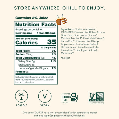 12 oz (4 OLIPOP Prebiotic Soda Pop, Classic Root Beer, Prebiotics, Botanicals, Plant Fiber, fl Cans)