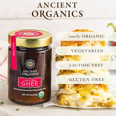 9 Oz (Pack 1) Ancient Organics Salted Ghee - Organic Grass Fed Ghee Butter, Gluten Free, Clarified Butter, Vitamins