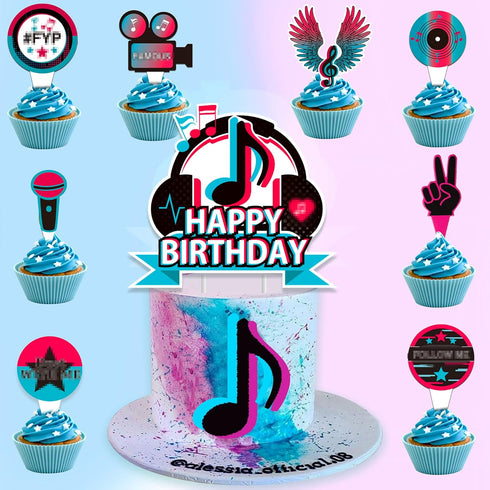 25Pcs Tik Happy Birthday Cake Toppers - Musical Tik Cupcake Toppers for Girl's Karaoke Themed Party Supplies, Music