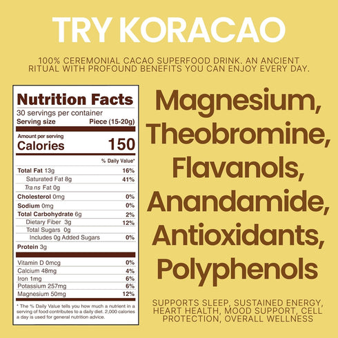 1/2 KORACAO Sustainably Harvested Cacao | Ideal Superfood for Everyday Bliss | Ceremonial Grade Cacao | Enhance Your
