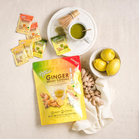 30 pack 2 Prince of Peace Instant Ginger Honey Crystals Assorted (Lemon, Turmeric, Matcha), Sachets - of Instant Hot