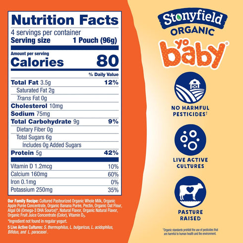 Stonyfield Organic 6 3.4 oz., 4 YoBaby Whole Milk Banana & Oat Yogurt Pouches for Babies Months & Older, Ct