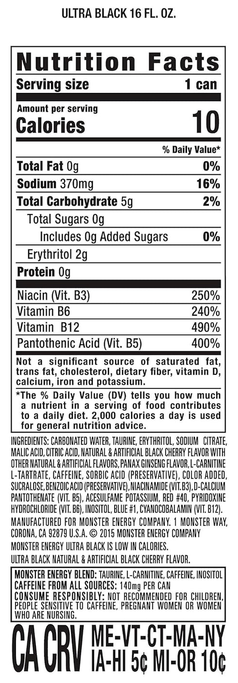 16 Pack 15 Monster Energy Ultra Black, Sugar Free Energy Drink, Ounce |