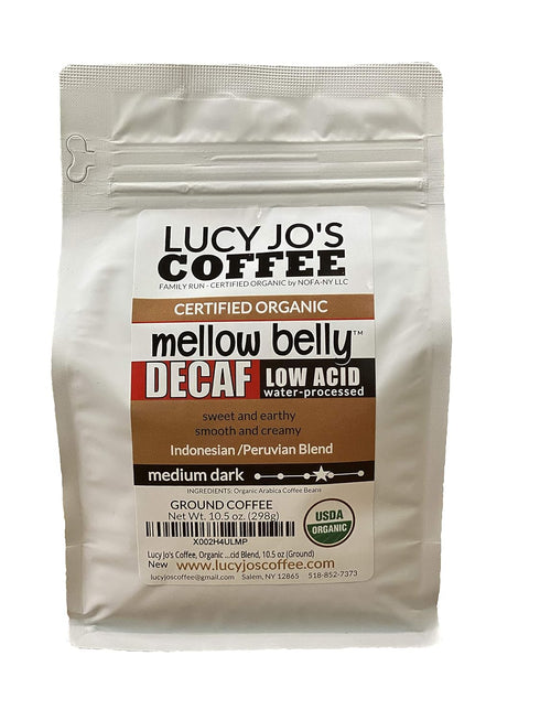 Lucy Jo's Coffee, Organic Decaf Mellow Belly Low Acid Blend, Medium Dark,