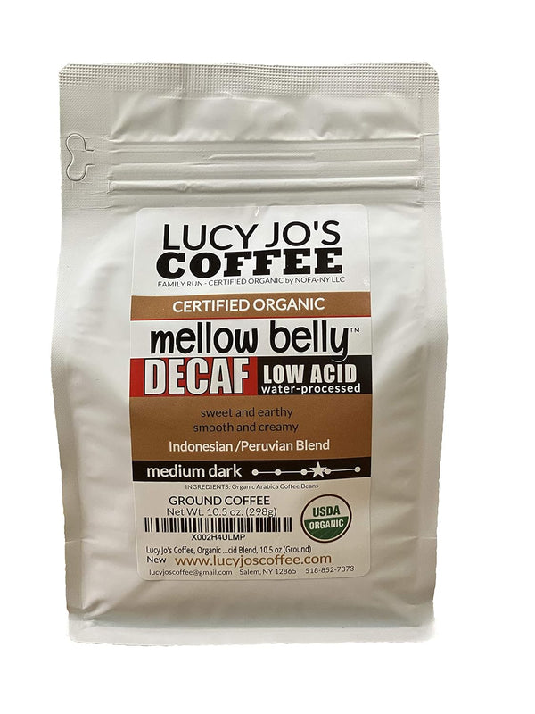 Lucy Jo's Coffee, Organic Decaf Mellow Belly Low Acid Blend, Medium Dark,