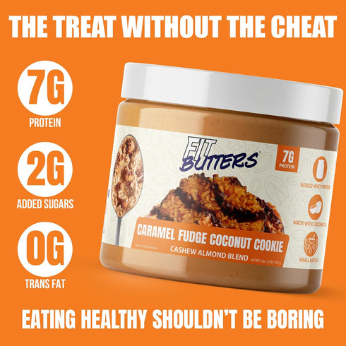 Fit Butters Caramel Fudge Coconut Cookie Cashew Almond Butter Spread, Added Protein and Coconut Oil, Low Carb, Low