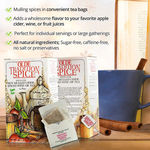 Olde Tradition Spice: Mulling Spices in Tea Bags for Apple Cider, Mulled Wine, Gluehwein, Hot Toddy Holiday Drink - Sugar-Free & Caffeine-Free - 24 Count