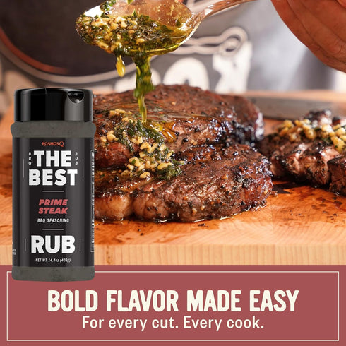 14.4 Oz Kosmos Q The Best Prime Steak Rub, Bold BBQ Meat Dry Rub & Steak Seasoning with Garlic, Onion, Spices & Smoke
