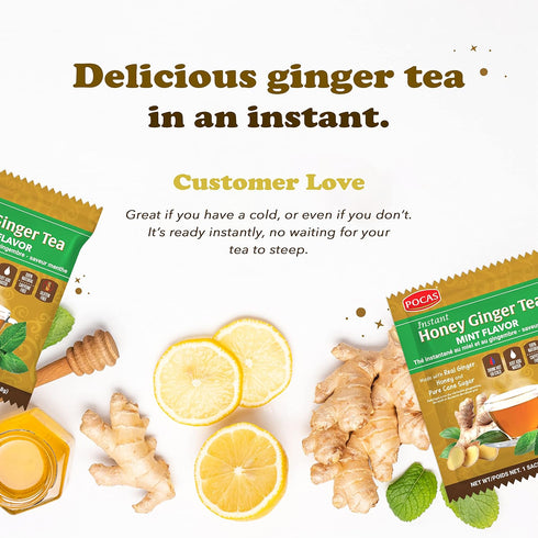 Pocas 20 Packets Honey Ginger Instant Tea Powder, Mint Flavor, Real Ginger Extract & Sweetener, Caffeine-Free Tea