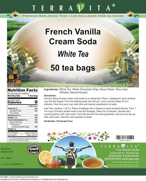 Terravita (50 536801) French Vanilla Cream Soda White Tea tea bags, ZIN: