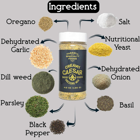 Dairy Free Creamy Caesar Dressing Mix by Farrell Specialty Foods – Vegan, 4.6 oz jar (130 g)