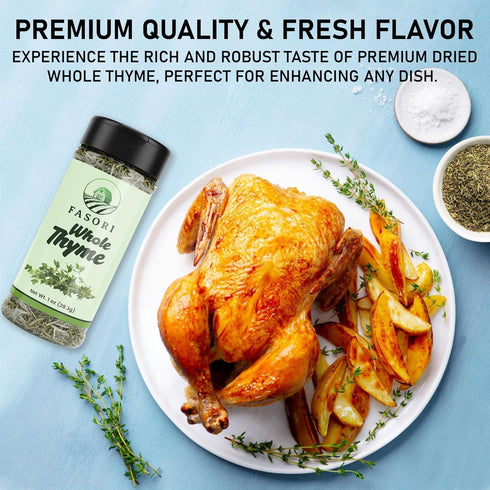 (1oz) Fasori Thyme Leaves Premium Dried Whole Thyme Herb, Aromatic Mediterranean Spice for Cooking, Roasts, Chicken