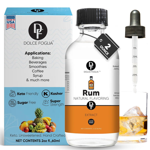 Dolce Foglia Natural Rum Extract, 2 Ounce Water-Soluble Flavoring for Baked Goods, Beverages, Desserts
