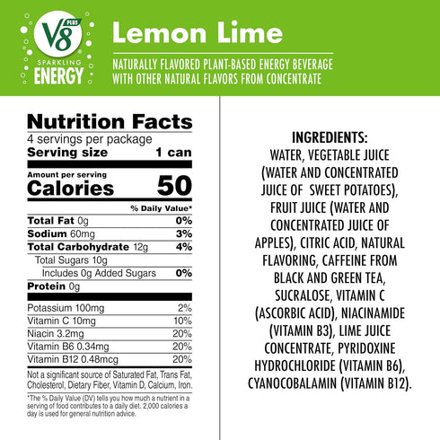 V8 11.5 oz (Pack 16) +Energy Sparkling Lemon Lime Juice Energy Drink, fl Can