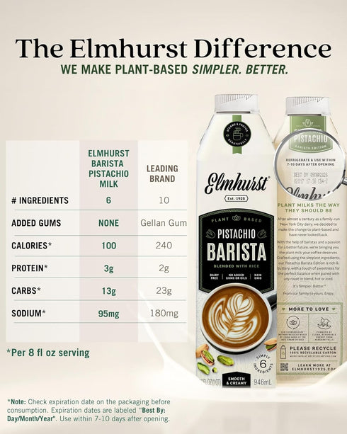 1925 32 (Pack 6) 3g Elmhurst Pistachio Milk Barista Edition Ounce of Plant-Based, Vegan, Dairy-Free, Non-GMO, Kosher