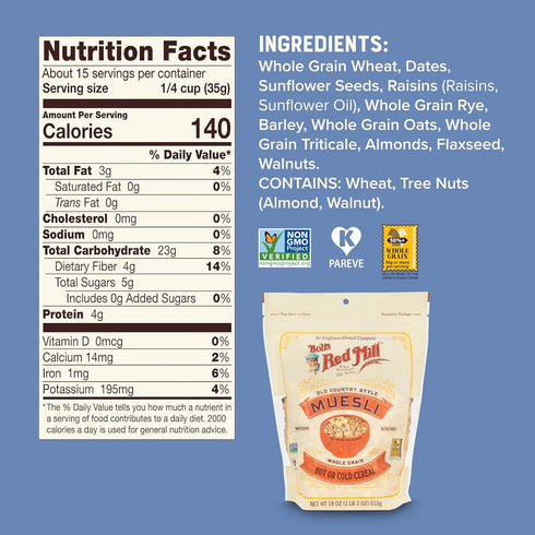 Country 18oz (Pack 4) Bob's Red Mill Old Style Muesli, of - Non GMO, Whole Grain, Vegan, Kosher
