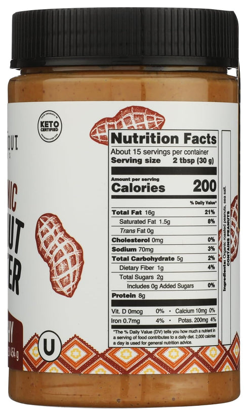 1 lb Just About Foods Organic & Keto Peanut Butter Crunchy Gluten-Free, No Sugar Added, Palm Oil Free Single