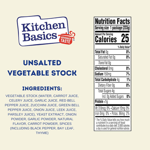 8.25 oz (Pack 12) Kitchen Basics Unsalted Vegetable Stock, of | No Artificial Flavors and Gluten Free |
