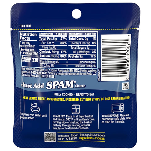 9 2.5 oz (12 Pack) SPAM Classic Single, Grams of Protein Per Serving, Single Pouches