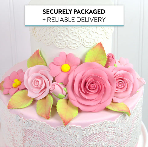 Set, 9 Count Global Sugar Art Roses & Blossoms Sugar Cake Flowers Pink, with leaves by Chef Alan Tetreault