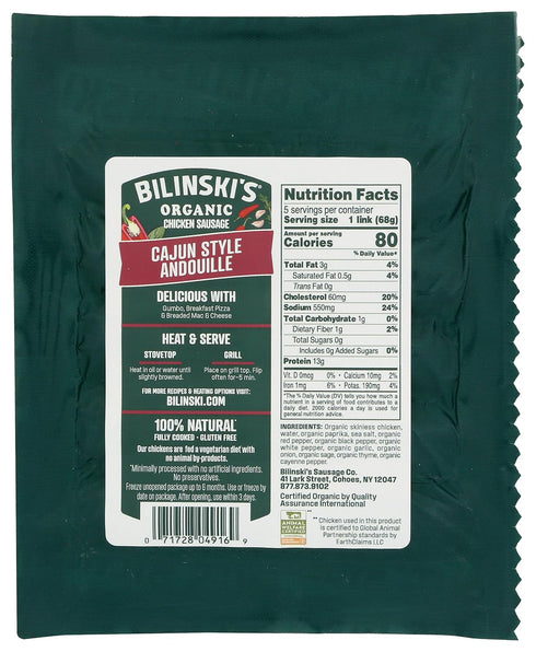 12 Bilinski, Organic Spicy Cajun Chicken Sausage, Ounce