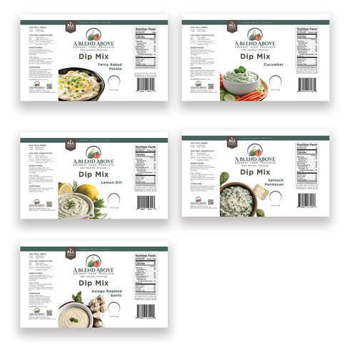 5 Pack Summer A Blend Above Blends Dip Mixes - Includes Cucumber, Lemon Dill, Asiago Roasted Garlic, Spinach Parmesan