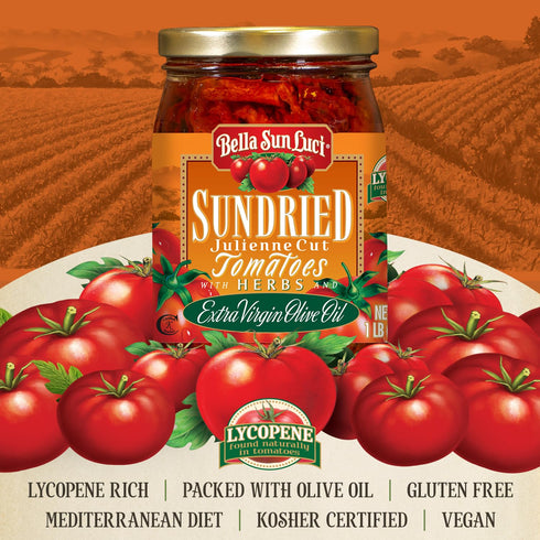 16Oz Bella Sun Luci Sun Dried Tomatoes Julienne Cut in Olive Oil, Glass Jar, Mediterranean Italian Style SunRipened