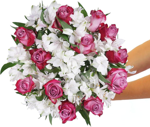 BloomsyBox Forever Blooming Bouquet Fresh Purple Roses & White Alstroemeria (Glass Vase Included) Fresh Flowers