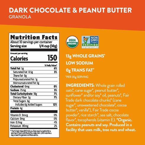 11.5 oz (Pack 1), Love Crunch Organic Dark Chocolate & Peanut Butter Granola, of Non-GMO, Fair Trade, by Nature's Path