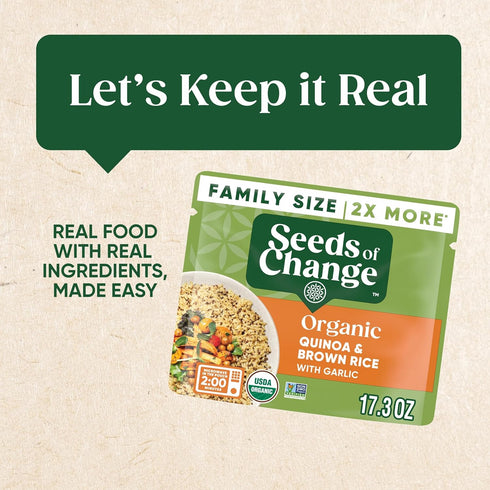 17.3 oz (Pack 6) SEEDS OF CHANGE Organic Quinoa & Brown Rice with Garlic Family Size, Organic Food, Pouch