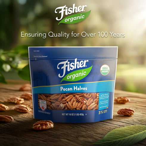 16 oz, Fisher Organic Pecans Halves USDA Certified Organic, Unsalted Raw Pecans, North American Grown, Non-GMO, No