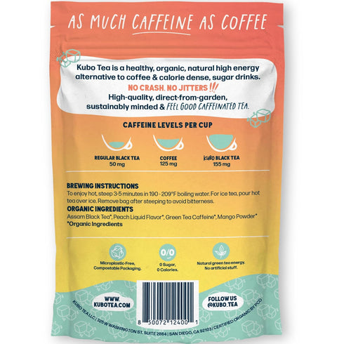 (155 20 Packaging High Caffeine Iced Tea mg) - Kubo Tea: Organic Peach Mango Black Tea Bags for Clean Energy & Focus |