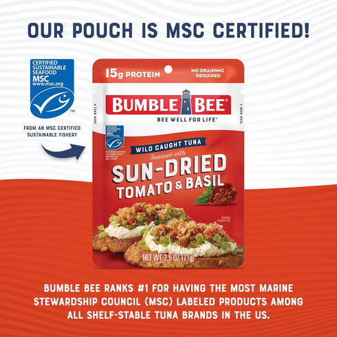 2.5 oz Packet 15g (Pack 4) Bumble Bee Sun-Dried Tomato & Basil Seasoned Tuna, Pouch - Ready to Eat - Wild Caught Tuna