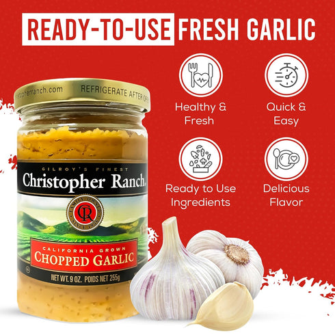 9 oz Christopher Ranch Chopped Garlic in Olive Oil, California-Grown Fresh, Ready-to-Use, Premium Quality, Gluten-Free