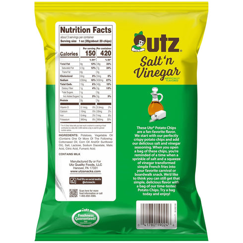 2.75 oz (14 Count) Pack Utz Salt n Vinegar Potato Chips Bags Bold and Tangy Flavor with Signature Crunch Snack