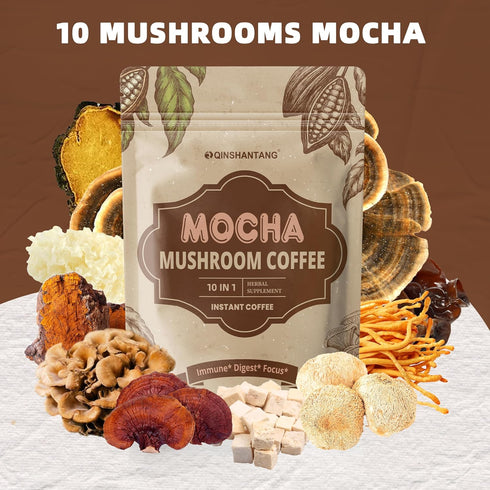 10 1 Immunity 30 8.5 Oz Mushroom Coffee with Cocoa Powder, in Mushroom Blend Instant Powder, Coconut & MCT | Focus