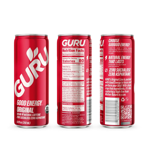 100MG 8.4oz (Pack 24) GURU Original Organic Energy Drinks, Clean Energy Drink with Plant Based Natural Caffeine from