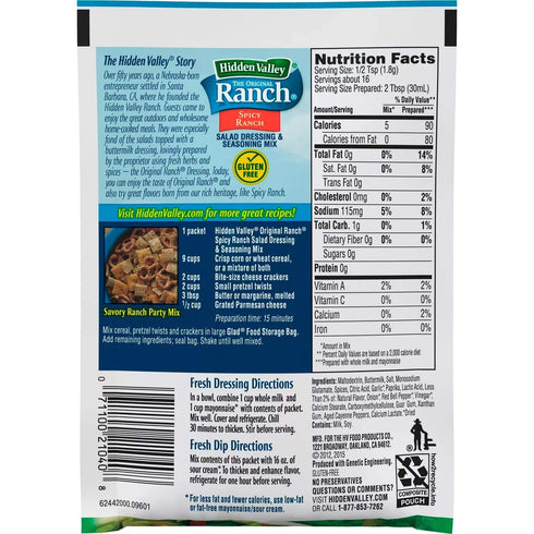 Hidden Valley Spicy Ranch Salad Dressing & Seasoning Mix - Pack of 4, 1 oz Packets