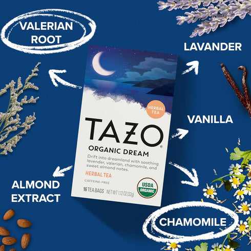 96 (16ct Pack 6) TAZO Organic DREAM Herbal Tea Bags, Caffeine-Free Bedtime Tea, Relaxing Chamomile and Lavender Blend